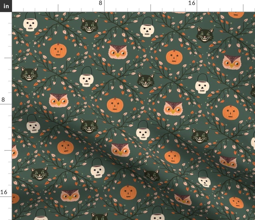 Medium Vintage Halloween Print with Skulls, Pumpkins, Cats, and Owls on Dark Green 