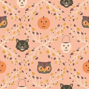 Large Vintage Halloween Print with Skulls, Pumpkins, Cats, and Owls on Pink