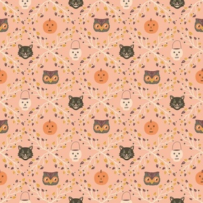 Medium Vintage Halloween Print with Skulls, Pumpkins, Cats, and Owls on Pink
