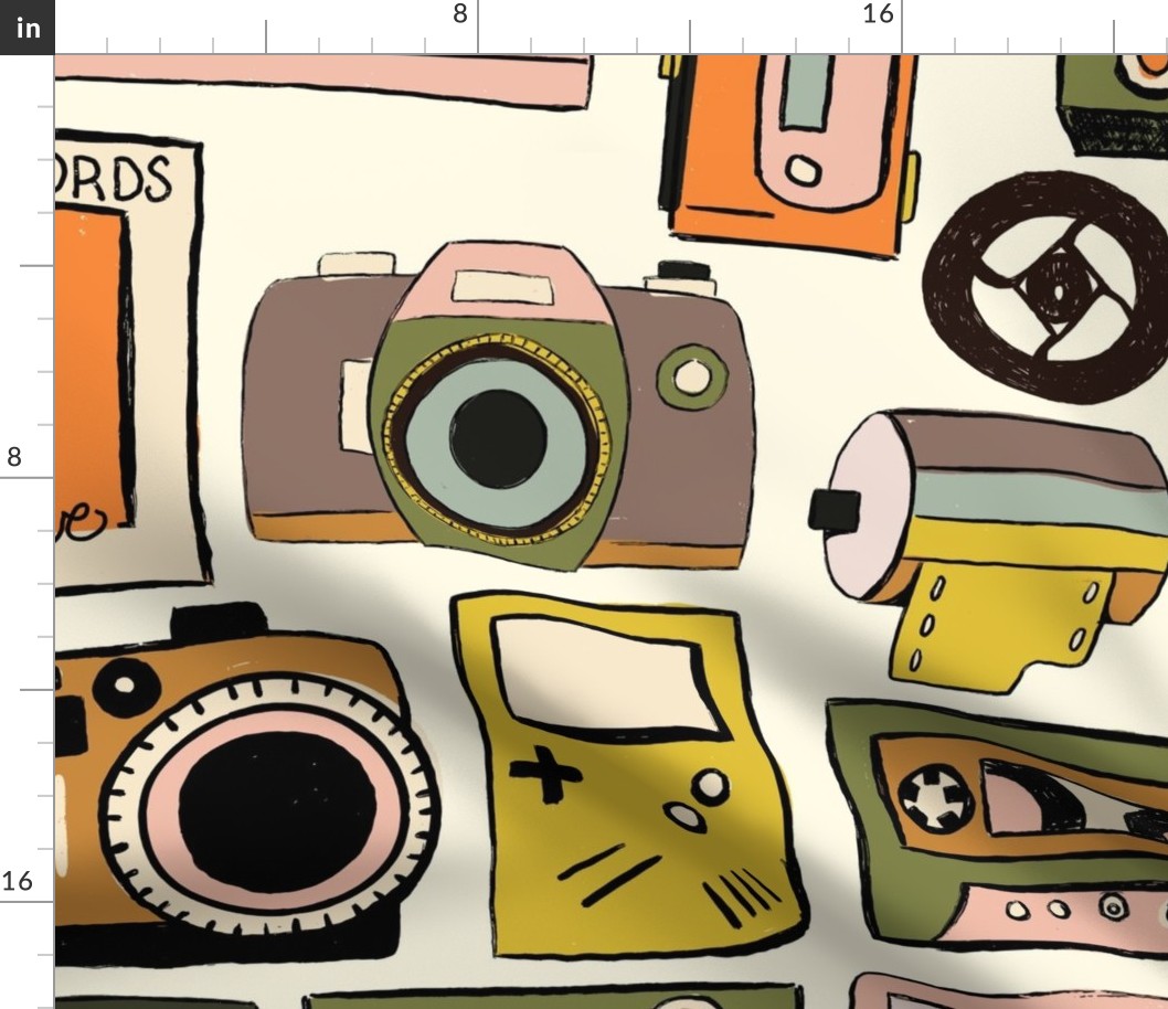 70s and 80s Camera and cassette tapes hand drawn_Retro Colors_Large
