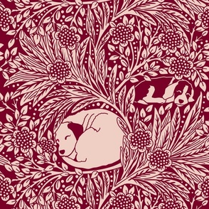 large scale //  William Morris' Dogs Sleeping in a Field of Flowers  Dark Red Large Print Fabricose and Teal background 16inch panel 