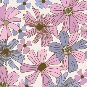 Floral Cosmo flowers in Pinks and Blues on a cream background