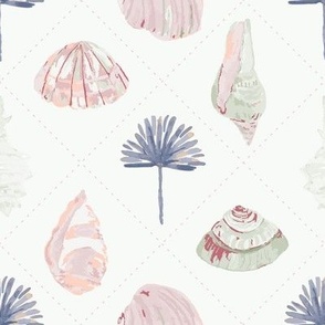Watercolour shells and palms in soft pinks & blue on cream background
