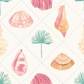 Watercolour shells & palms in pink, green + sand