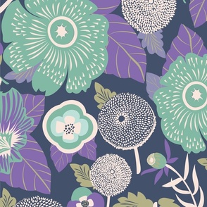 LARGE: Lush Floral Garden| Whimsical Florals in Pale green and white on Blue