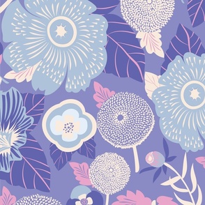 LARGE: Lush Floral Garden| Whimsical Florals in Light Blue and White on Lavender