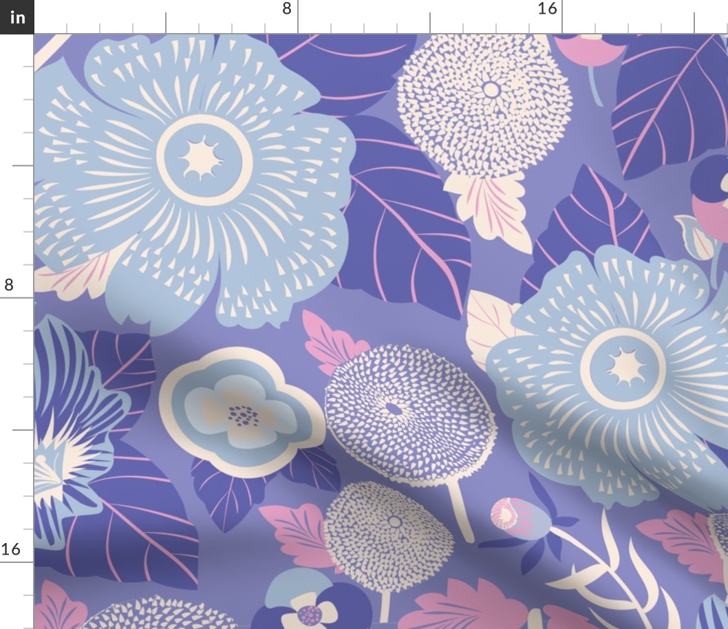 LARGE: Lush Floral Garden| Whimsical Florals in Light Blue and White on Lavender