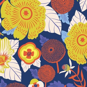 LARGE: Lush Floral Garden| Whimsical Florals in Yellow and Red on Marine Blue