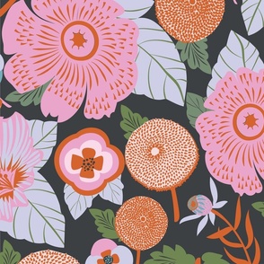 LARGE:Lush Floral Garden| Whimsical Florals in Pink and Orange on Black