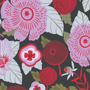 LARGE: Lush Floral Garden| Whimsical Florals in Pink and Red on Black