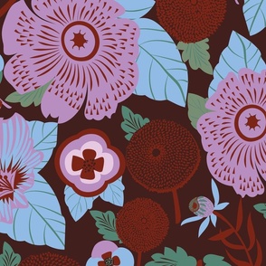 LARGE: Lush Floral Garden| Whimsical Florals in Pink and Burgundy on Crimson