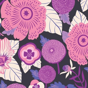 LARGE:Lush Floral Garden| Whimsical Florals in Pink and Purple on Black