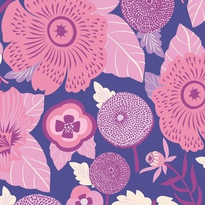 LARGE: Lush Floral Garden| Whimsical Florals in Pink and Burgundy on Blue