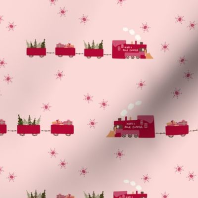 festive traditional North Pole red crimson Christmas steam trains carrying presents & trees on pale pink