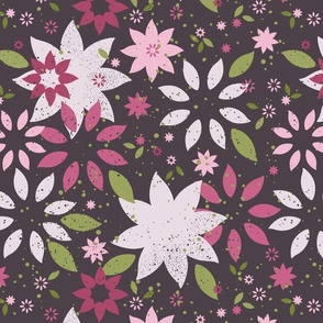 Retro Wildflowers in Pink Green Brown | Large Scale
