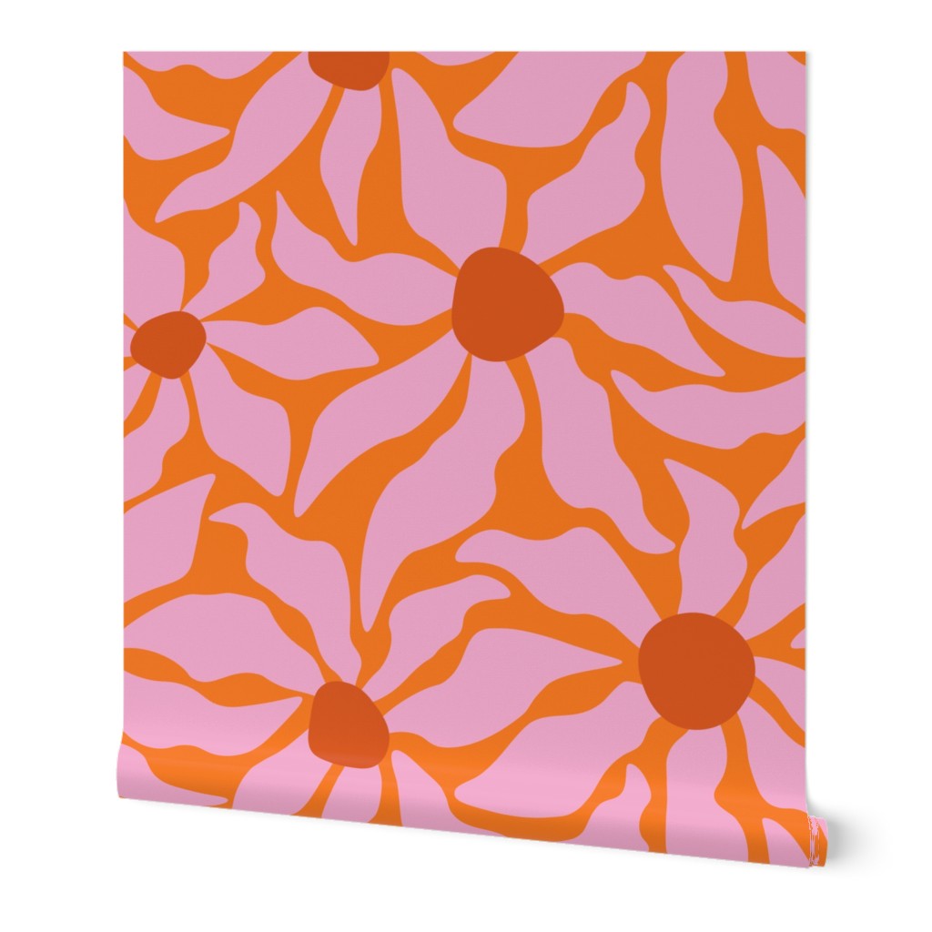 Retro Flower Power 60s, 70s Nostalgic Groovy Daisy Floral - Orange and Pink