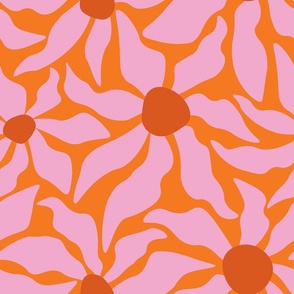 Retro Flower Power 60s, 70s Nostalgic Groovy Daisy Floral - Orange and Pink