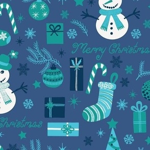 Modern Festive Seasonal Blue Aqua Navy White Christmas Tree Decorating Fun on Sapphire Blue Background