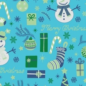 Modern Festive Seasonal Blue Green and Grey Christmas Tree Decorating Fun on Blue Background