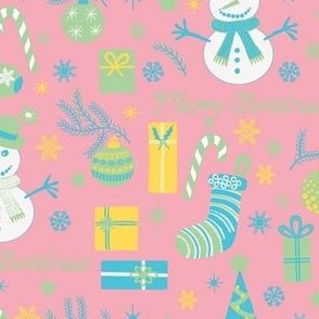 Medium - Modern Festive Seasonal Pastel Green Pink and Yellow Christmas Tree Decorating Fun on Pink Background