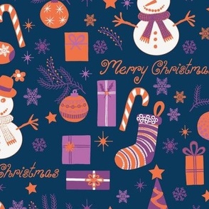 Modern Festive Seasonal Orange Purple and White Christmas Tree Decorating Fun on Navy Background