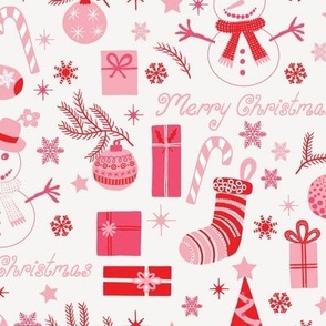 Medium - Modern Festive Seasonal Red Pink White Christmas Tree Decorating Fun on Ivory Background