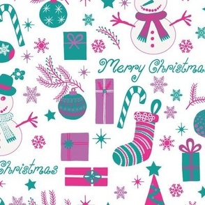 Modern Festive Seasonal Pink Purple Aqua Christmas Tree Decorating Fun on Ivory Background