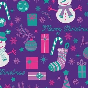 Modern Festive Seasonal Purple Pink Aqua Christmas Tree Decorating Fun on Violet Background