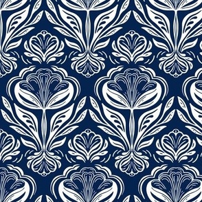 Geometric rows of stylised flowers navy blue and white,large scale