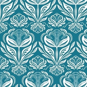Geometric rows of stylised flowers teal, sea green and white,  large scale