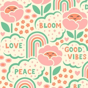 Good Vibes Happy Rainbow Floral | Large Scale | Retro Pink Green & Orange