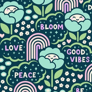 Good Vibes Happy Rainbow Floral | Large Scale | Aqua, Green, Lavender, Pink & Navy