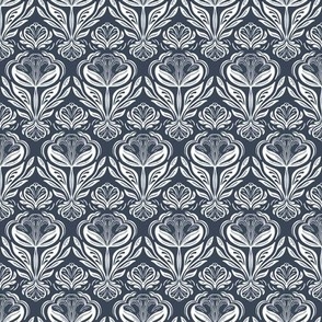 Geometric rows of stylised flowers dark grey and white,  slate grey, small scale