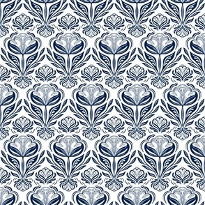 Geometric rows of stylised flowers navy blue and white, reversed small scale