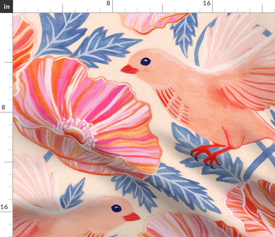 Bonny Birds and Peachy Poppies on Cream - extra large