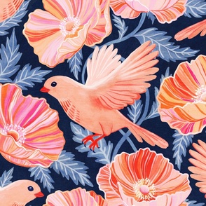 Bonny Birds and Peachy Poppies on Navy Blue - extra large