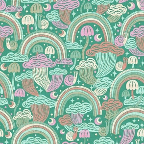 Chanterelle Clouds, Snails, and Rainbows - Forest Green