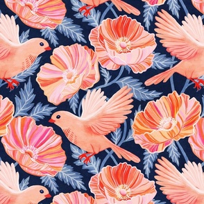 Bonny Birds and Peachy Poppies on Navy Blue - large