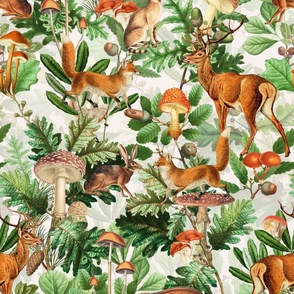 Large - Antique Gothic Hand Painted Animal fairytale in the magic forest - white Psychedelic goth mystic mushroom wallpaper