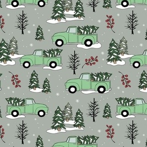 Driving home for Christmas - Winter wonderland christmas pine trees and pick up cars driving in the forest mint on gray
