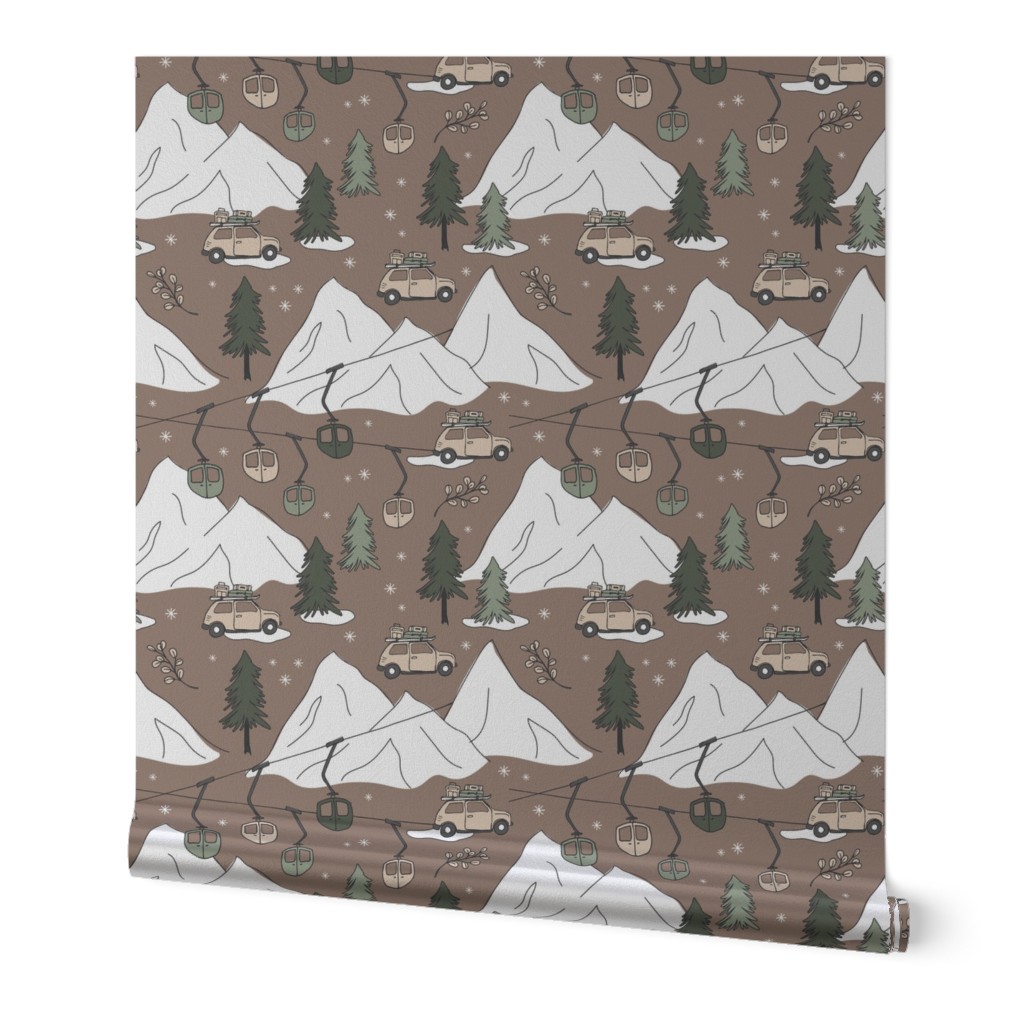 Vintage Christmas - Ski adventures cars and winter mountains and ski lift and pine trees winter snow sage green white on brown seventies palette