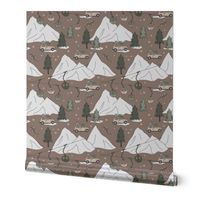 Vintage Christmas - Ski adventures cars and winter mountains and ski lift and pine trees winter snow sage green white on brown seventies palette