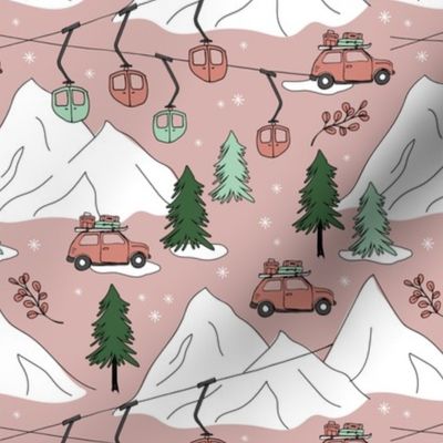 Vintage Christmas - Ski adventures cars and winter mountains and ski lift and pine trees winter snow sage green mint white on vintage pink girls
