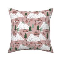 Vintage Christmas - Ski adventures cars and winter mountains and ski lift and pine trees winter snow sage green mint white on vintage pink girls