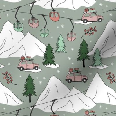 Vintage Christmas - Ski adventures cars and winter mountains and ski lift and pine trees winter snow mint pine vintage pink on sage green