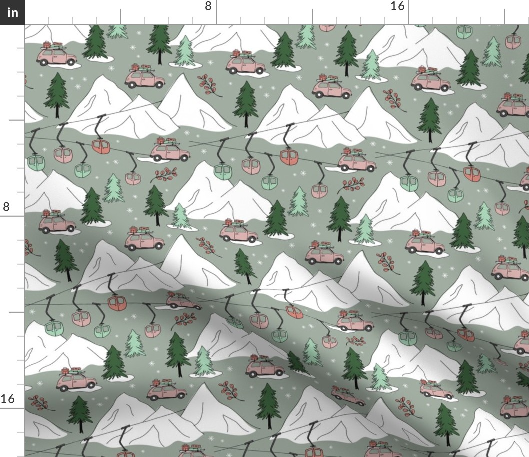 Vintage Christmas - Ski adventures cars and winter mountains and ski lift and pine trees winter snow mint pine vintage pink on sage green