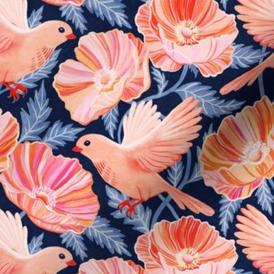 Bonny Birds and Peachy Poppies on Navy Blue - medium