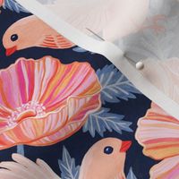 Bonny Birds and Peachy Poppies on Navy Blue - medium