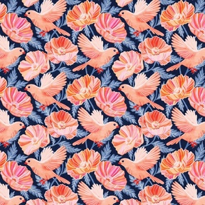 Bonny Birds and Peachy Poppies on Navy Blue - medium