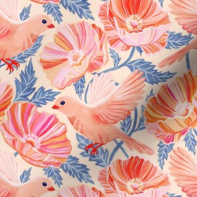 Bonny Birds and Peachy Poppies on Cream - medium